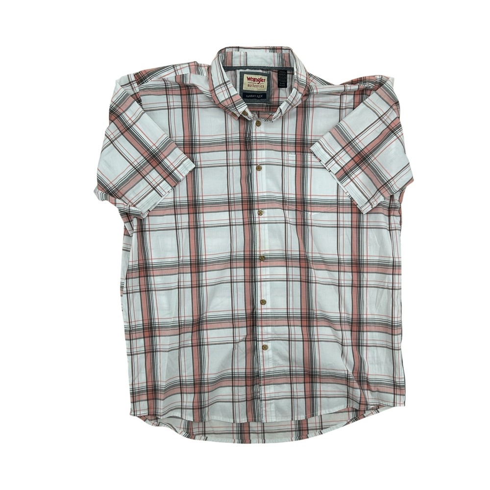 Wrangler Authentics Mens Short Sleeve Plaid Button Down Shirt White Pink XL